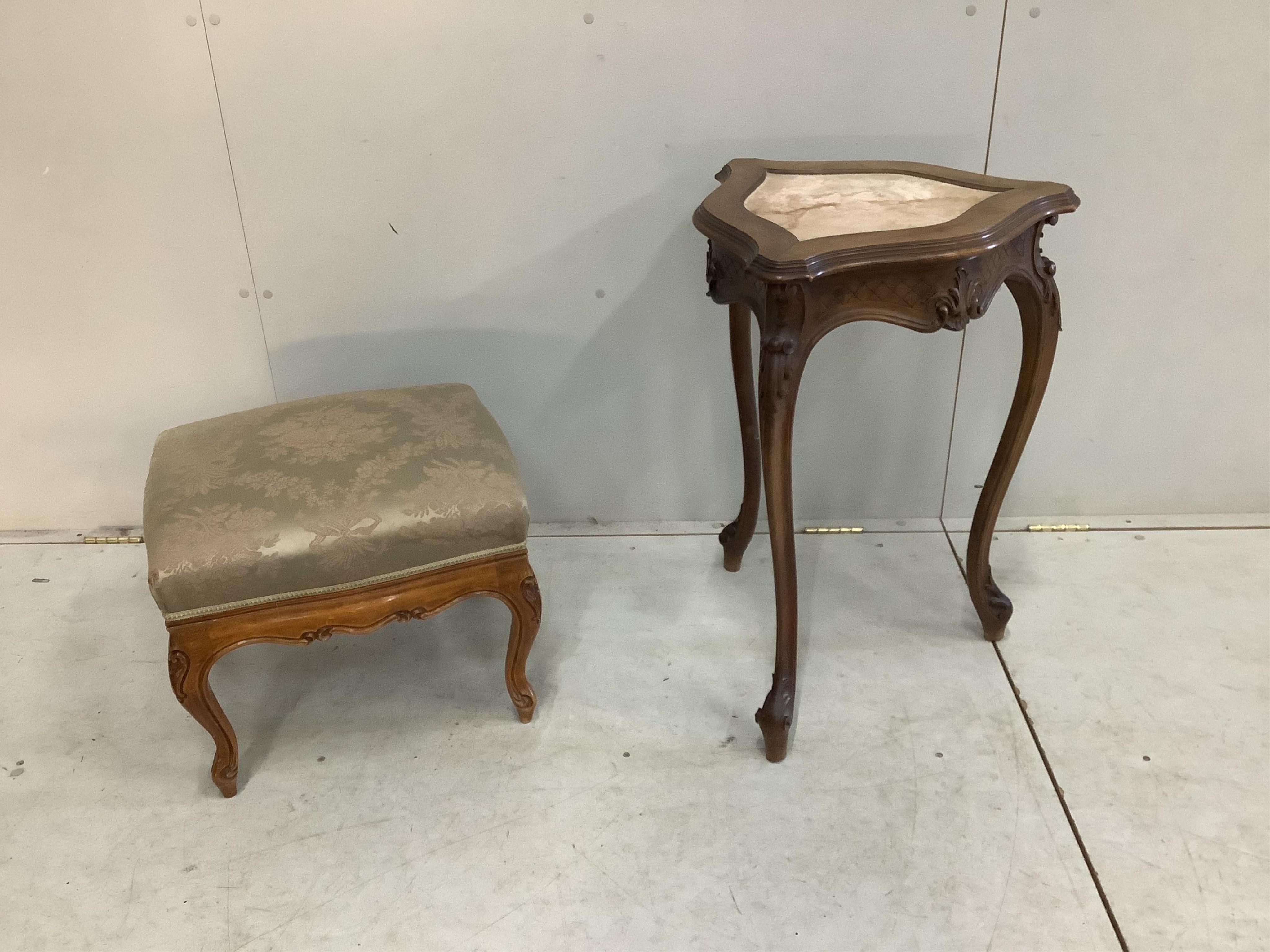 A Continental triangular mahogany occasional table, width 50cm, height 73cm, together with a beech dressing stool. Condition - poor to fair